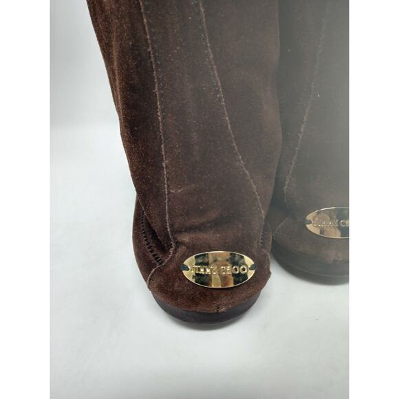 Jimmy Choo Brown Suede Fringed Gold Logo Moccasin Boots EU 37.5 Mid Calf Boho 7M - Picture 4 of 9